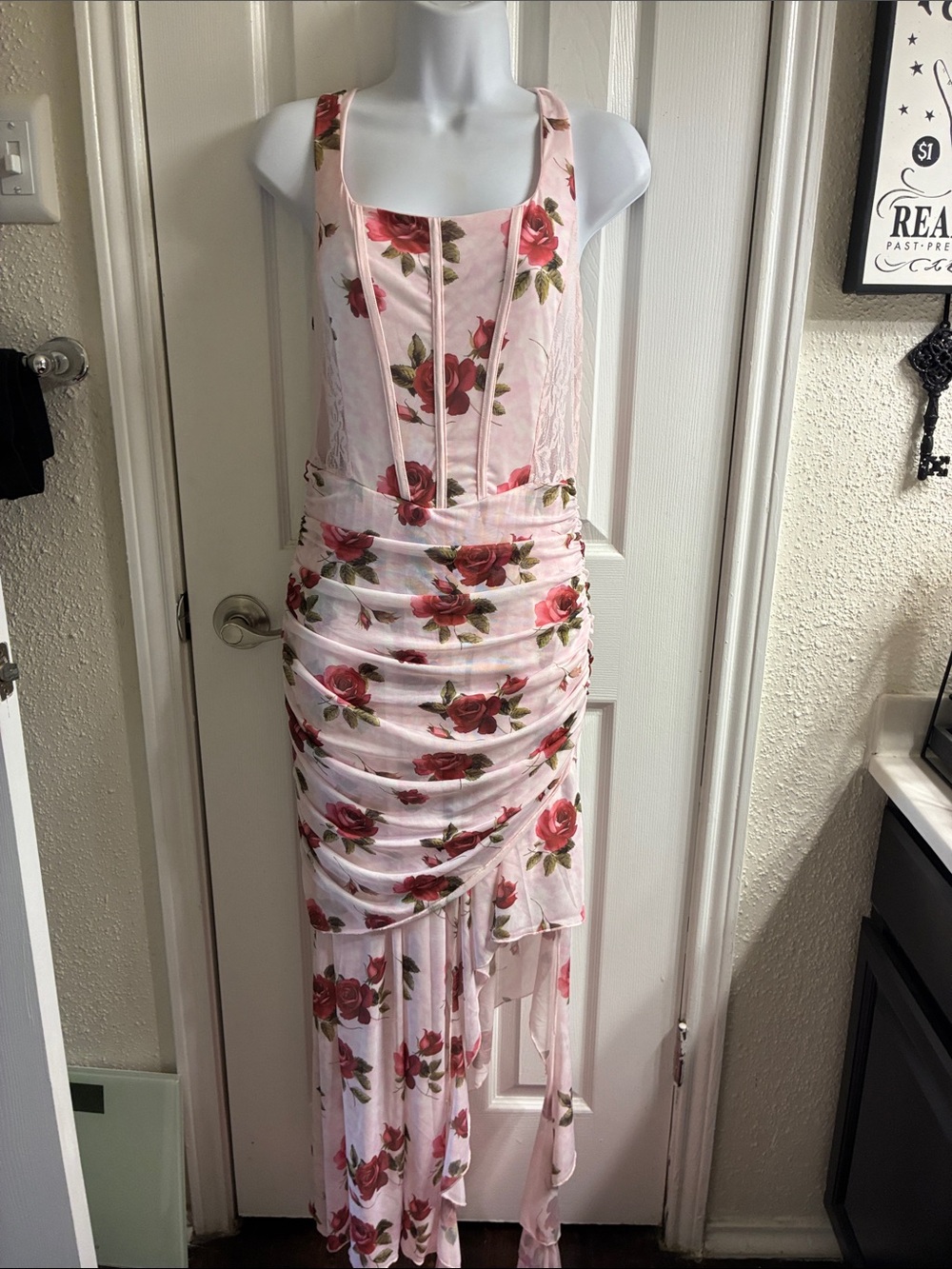 SHEIN Pink Floral High-Low Ruched Maxi Dress with Red Rose Print